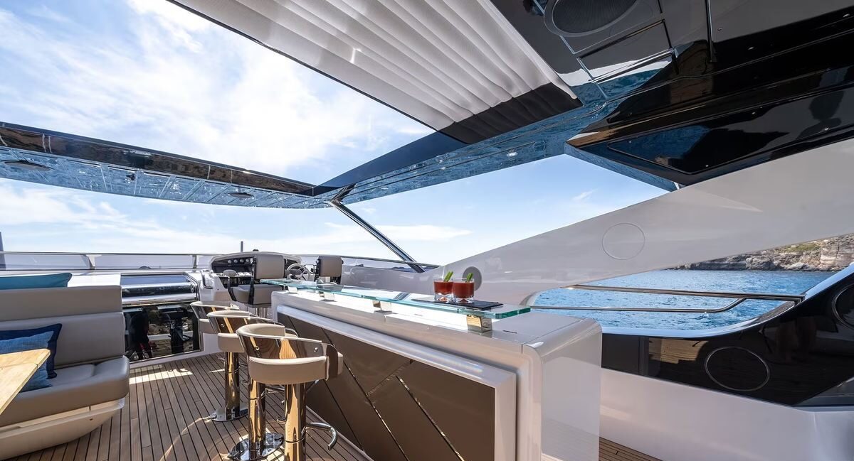 M/Y Lio Black Knight Sunseeker 95 sundeck lounge — luxury yacht charter Palma de Mallorca